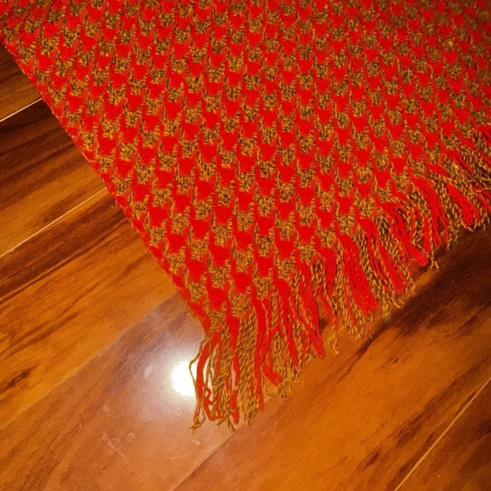 Vintage 60s 70s Pendleton Wool Houndstooth Fringed Throw Blanket Orange 53 x 62